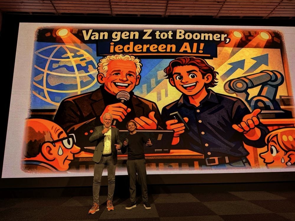 Two speakers in front of a screen titled “From gen Z to boomer, AI for everyone”