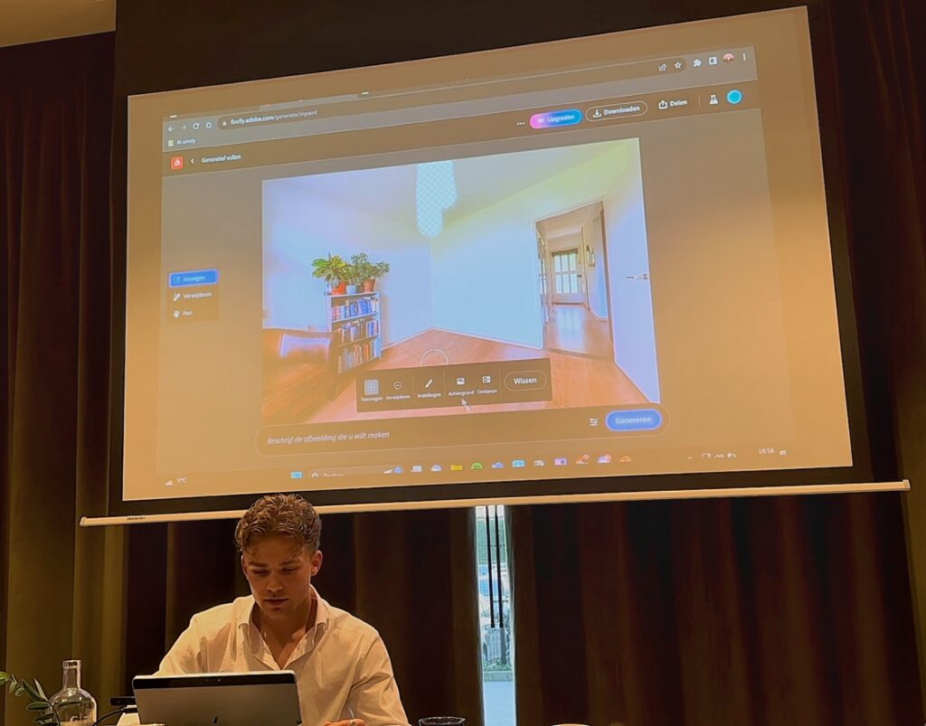 Hands-on AI-workshop: deelnemer aan de slag met AI-tools, demonstratie op groot scherm